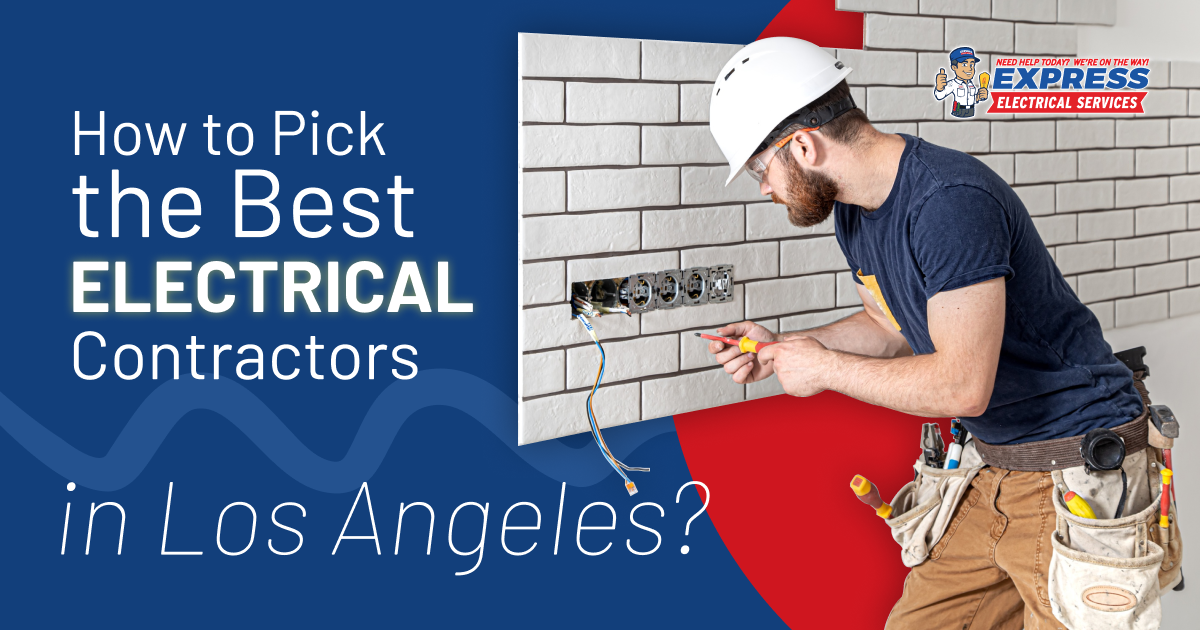 An electrician in a hard hat and tool belt works on a wall socket, accompanied by text that reads 